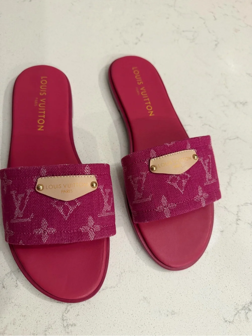 Louis Vuitton Fuchsia Monogram Slide Sandals with Gold Plaque